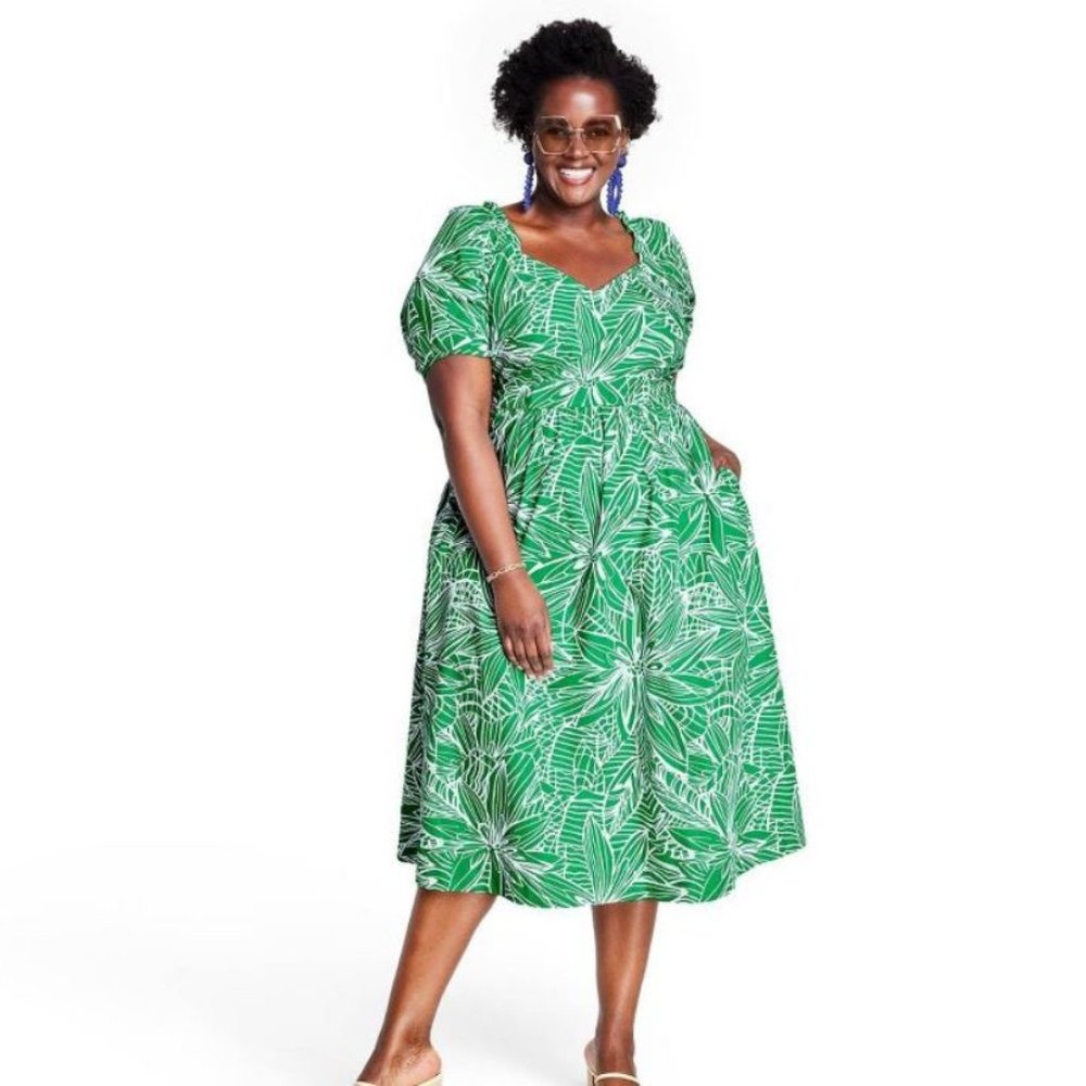 NWT Size W16/18 Tabitha Brown Linear Floral Puff Sleeve Tie-Back Dress